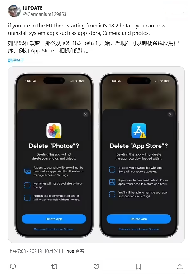 冷水滩苹果手机维修分享iOS 18.2 支持删除 App Store 应用商店 