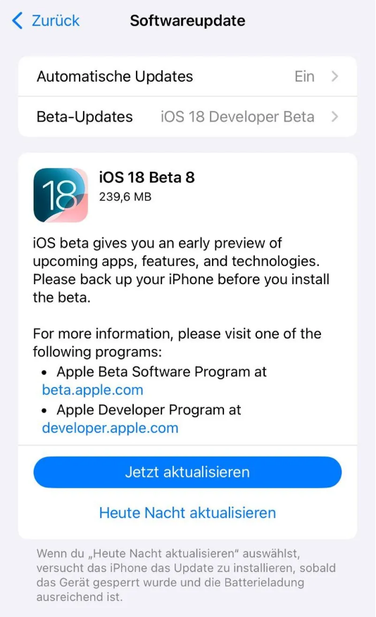 冷水滩苹果手机维修分享苹果 iOS / iPadOS 18 开发者预览版 Beta 8 发布 